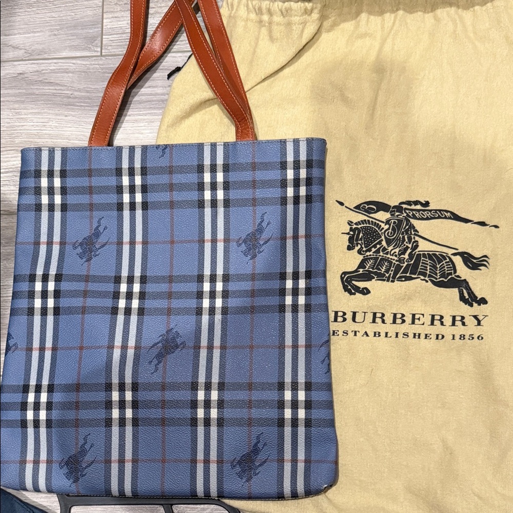 Burberry Blue RARE Plaid Tote with Brown Straps